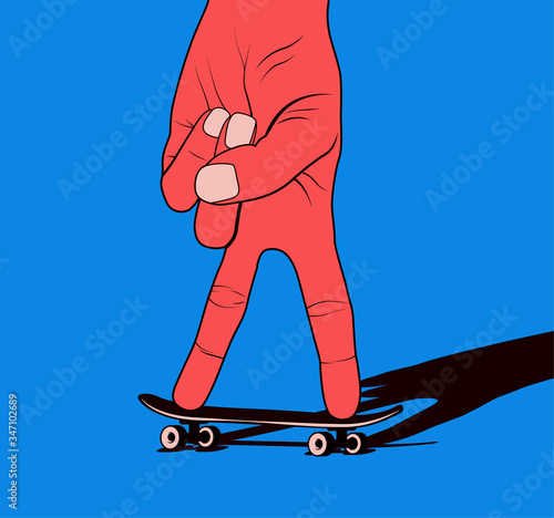 Hand silhouette riding on toy skateboard or fingerboard. Skateboarding youth culture concept illustration for sticker or poster design. Vector illustration