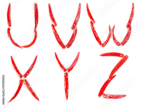 Alphabet made of red hot chili peppers. Letters U, V, W, X, Y, Z Isolated on a white background