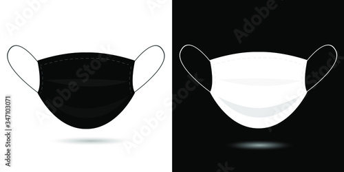 Black, white medical or Surgical Face Mask. Virus protection, health care. Coronavirus, pandemic. Breathing Respirator Mask. Set of vector Illustration. Flat medical mask for face, avatar