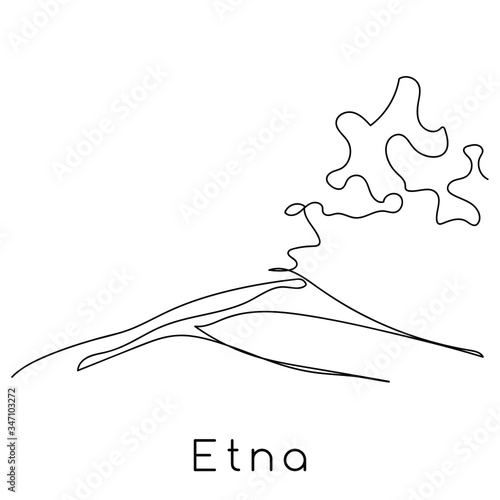 Etna, Sicily. Catania. One line drawing illustration. Volcano eruption. Black and white print design. Vector illustration