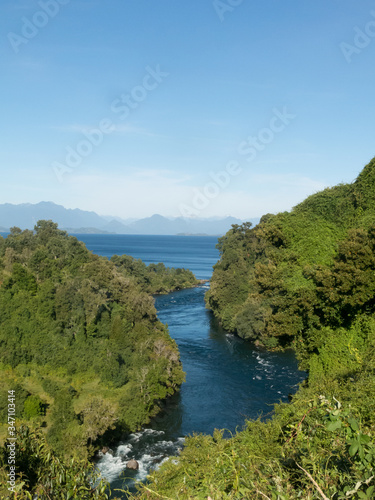 Birth of the Rio Bueno, leaving Lake Ranco. In the region of Los Ríos, in Araucanía or Patagonia, Chilean Andes. South of Chile.