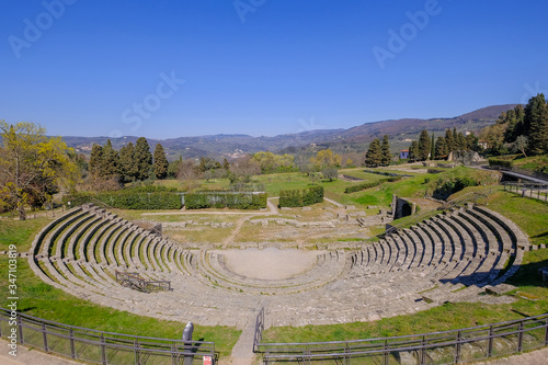 Preserved Roman theatre amphitheater of the I century BC, Fiesole, Florence Tuscany, Italy