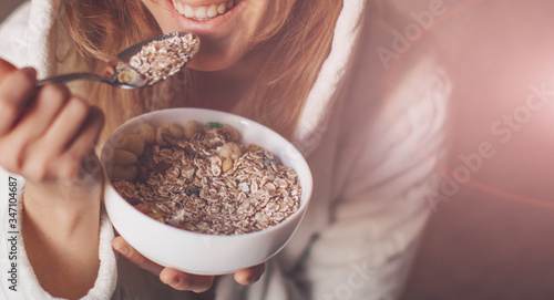 Woman good mroning. Woman eating. Breakfast. Love photo. Smile girl.  photo