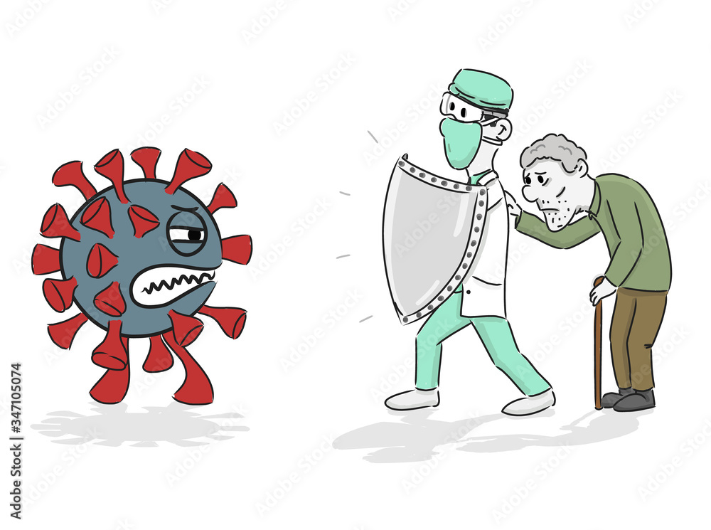 Doctor holding knight shield to protect from COVID-19 Virus pathogens, he protects the senior Doctor holding knight shield to protect from COVID-19 Virus pathogens, he protects the senior
