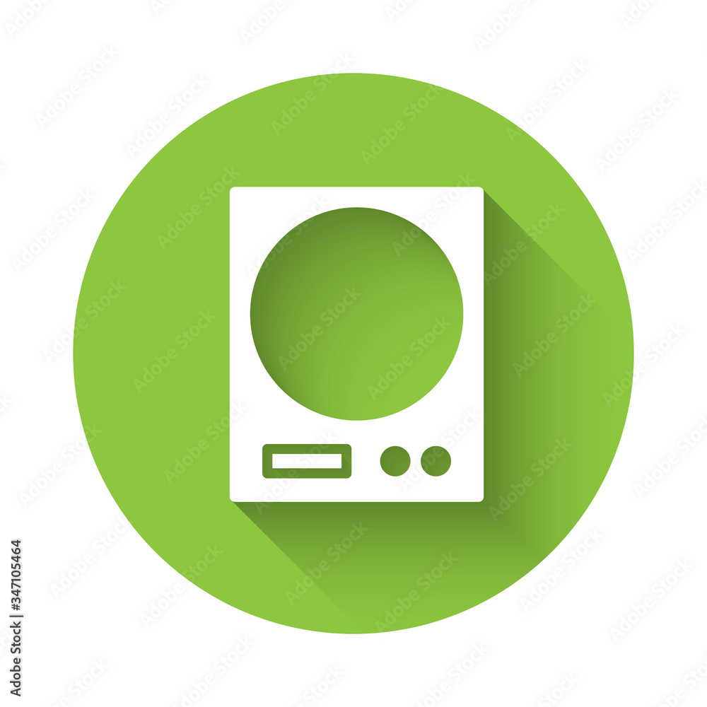 White Electronic scales icon isolated with long shadow. Weight measure equipment. Green circle button. Vector Illustration White Electronic scales icon isolated with long shadow. Weight measure equipment. Green circle button. Vector Illustration