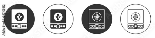 Black Electronic coffee scales icon isolated on white background. Weight measure equipment. Circle button. Vector Illustration