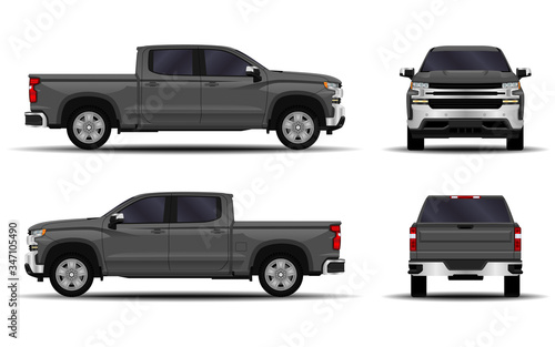 realistic car. truck, pickup. front view; side view; back view.