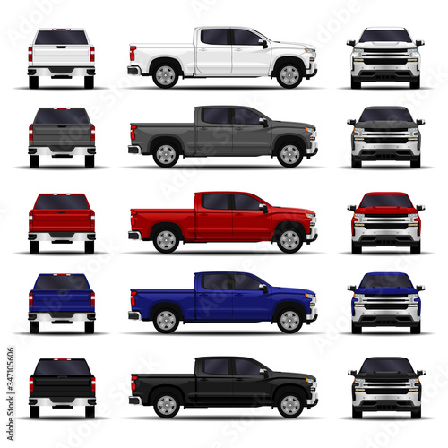 realistic cars set. truck, pickup. front view; side view; back view.