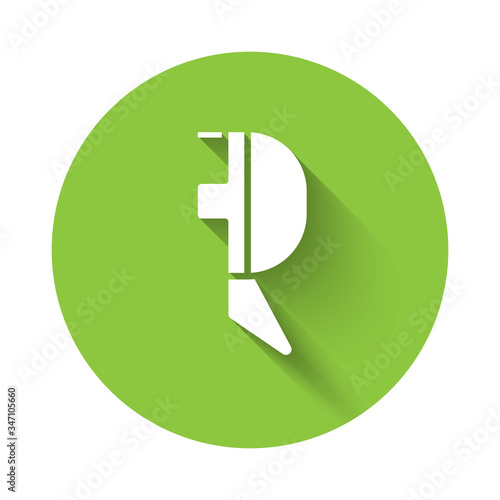 White Fencing helmet mask icon isolated with long shadow. Traditional sport defense. Green circle button. Vector Illustration