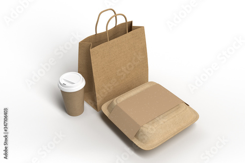 Take Out Food Packaging. Takeaway Food delivery. Disposable Recyclable Cardboard Food Packaging Template Background For Restaurant. Isolated On White Background.