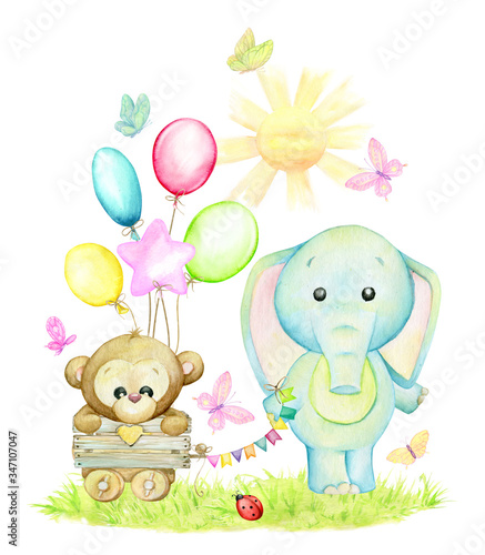 Elephant, monkey, cart, butterflies, sun, grass, flags. Watercolor clip art, on an isolated background, for a children's holiday.