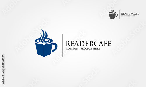 Reader Cafe Logo Template. Coffee cup concept reading. Vector logo illustration.