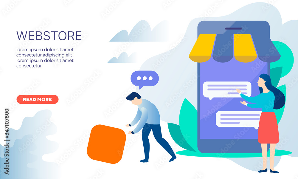 Concept vector illustration for online store, young people, smartphone, icons Concept vector illustration for online store, young people, smartphone, icons