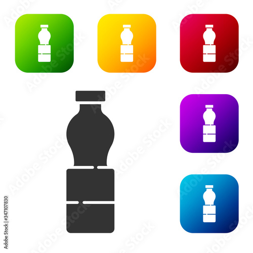 Black Bottle of water icon isolated on white background. Soda aqua drink sign. Set icons in color square buttons. Vector Illustration