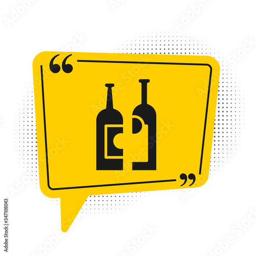 Black Bottles of wine icon isolated on white background. Yellow speech bubble symbol. Vector Illustration