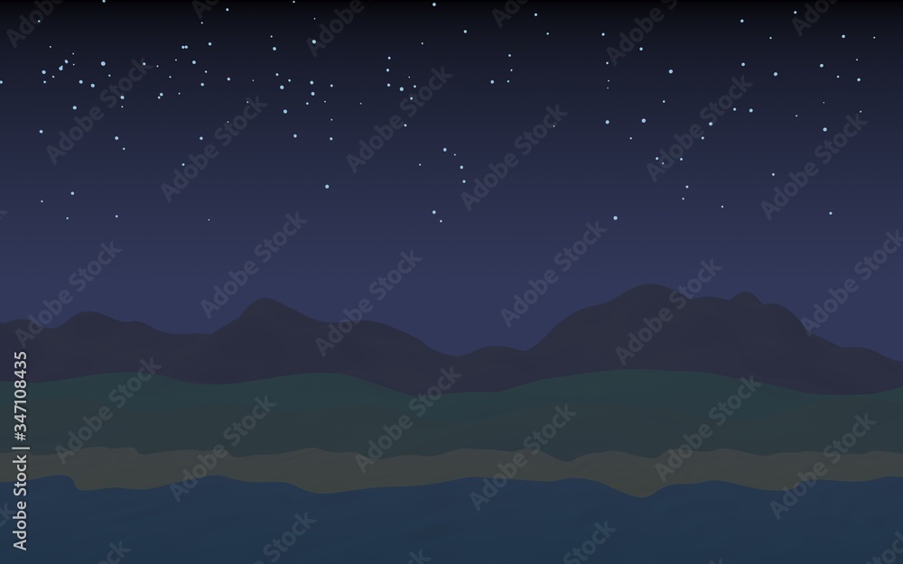 Starry moonless sky. Ocean shore line with waves on a beach. Island beach paradise with waves. Vacation, summer, relaxation. Seascape, seashore. Minimalist landscape, primitivism. 3D illustration