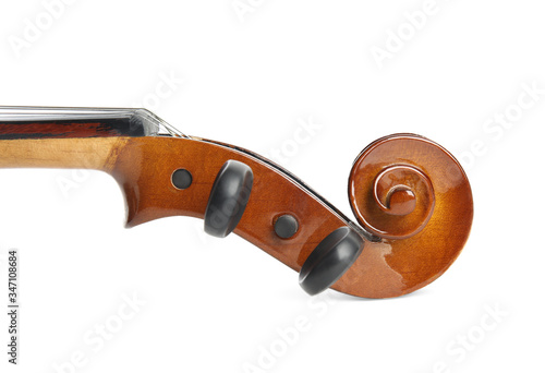 Beautiful classic violin isolated on white, closeup. Musical instrument
