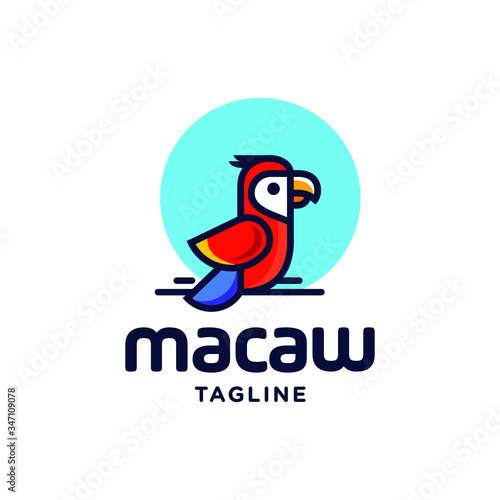 topical bird cartoon, red and blue macaw parrot tropical bird logo icon vector template in colorful flat line outline style illustration