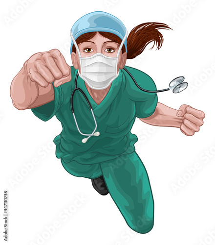 A super hero woman doctor or nurse concept. A female medical healthcare professional as a superhero flying through the air. Wearing face mask PPE