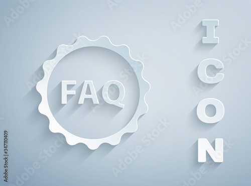 Paper cut Label with text FAQ information icon isolated on grey background. Circle button with text FAQ. Paper art style. Vector Illustration