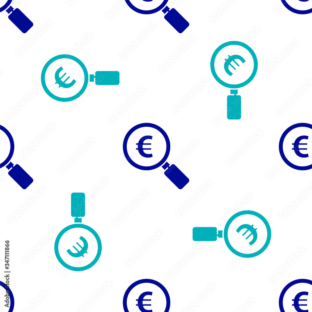 Blue Magnifying glass and euro symbol icon isolated seamless pattern on white background. Find money. Looking for money. Vector Illustration Blue Magnifying glass and euro symbol icon isolated seamless pattern on white background. Find money. Looking for money. Vector Illustration