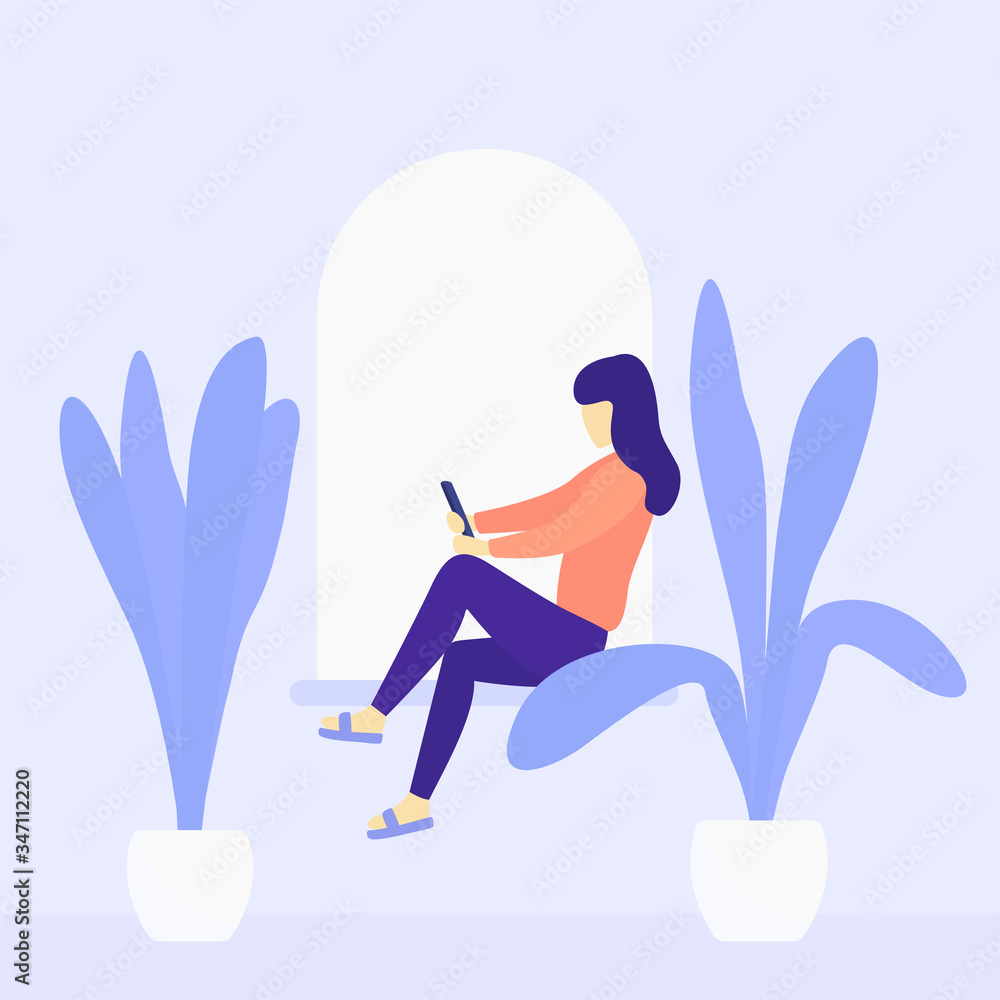 girl at home, sitting at the window, self-isolation vector