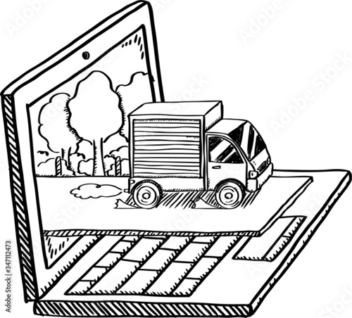Package delivery car from online shopping. Doodle style cartoon notebook - black line and white fill on transparent background