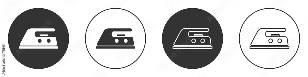 Black Electric iron icon isolated on white background. Steam iron. Circle button. Vector Illustration Black Electric iron icon isolated on white background. Steam iron. Circle button. Vector Illustration