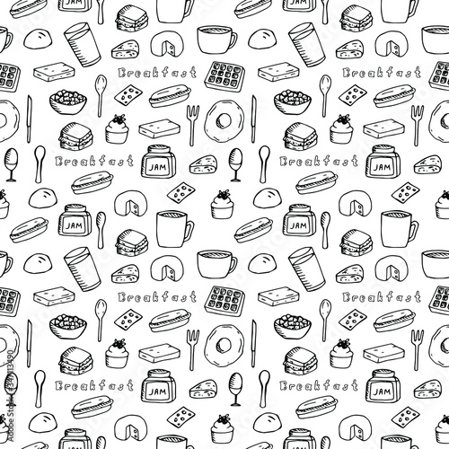 Breakfast seamless pattern, vector illustration, coffee, tea, sandwich, hot dog, jam, bread, butter, waffle, cake, scrambled eggs, cheese, cereal, egg, spoons, fork and knife, hand drawing