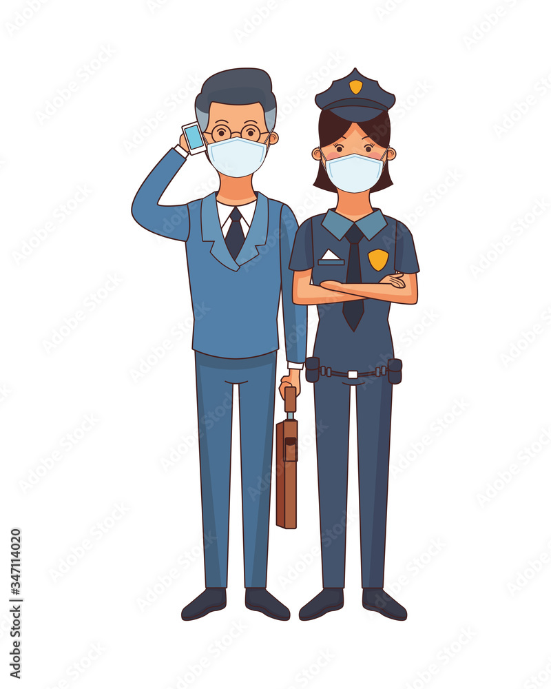 businessman and police woman using face masks