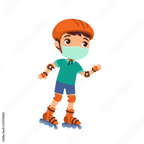 Little sportsman with a protective mask. Virus protection, allergies consept. Cute boy roller skating  cartoon character. Recreation and leisure.