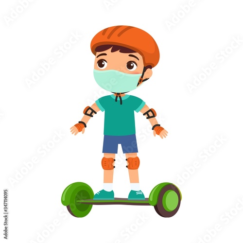 Little sportsman with a protective mask. Virus protection, allergies consept. Cute kid riding self balancing board cartoon character. Boy with modern electric transport.