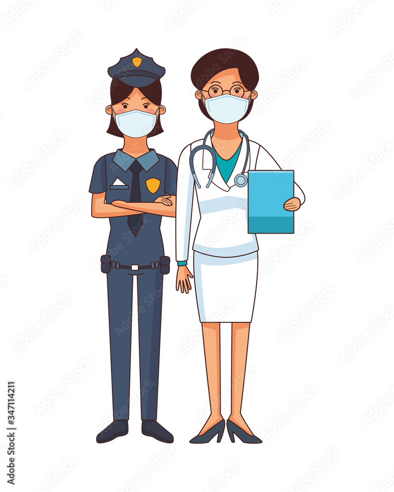 female doctor and police using face mask female doctor and police using face mask