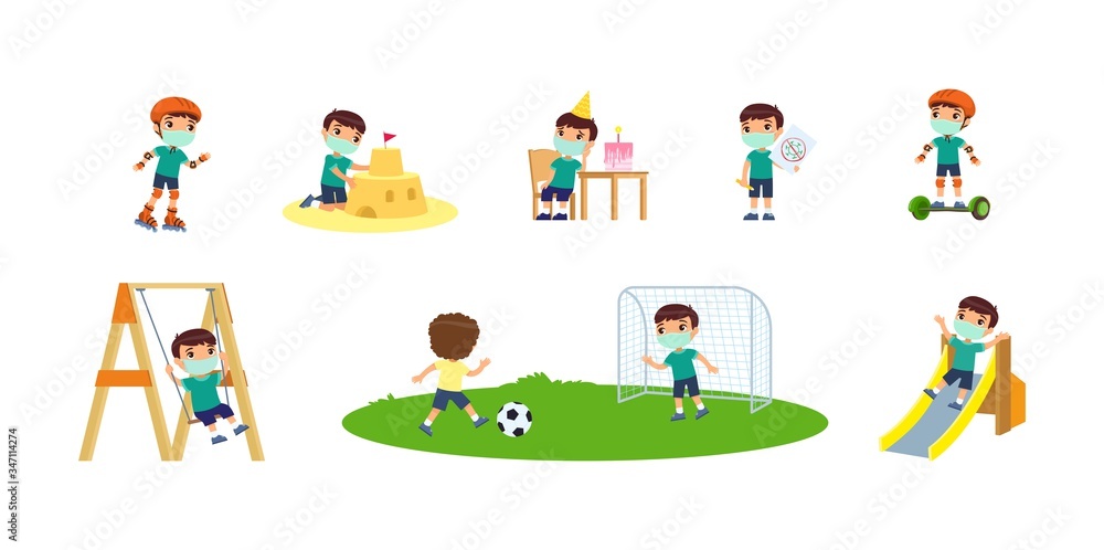 Naklejka premium Little boy with face mask plays in the playground. Concept of summer entertainment with respiratory diseases, allergies. Child plays different summer games. Cartoon character, illustrations set. 
