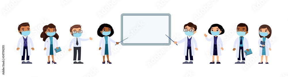 International doctors in medical masks and medical clothes. Doctors point to medical demo board. Horizontal vector illustration. Cartoon flat characters. International doctors in medical masks and medical clothes. Doctors point to medical demo board. Horizontal vector illustration. Cartoon flat characters.