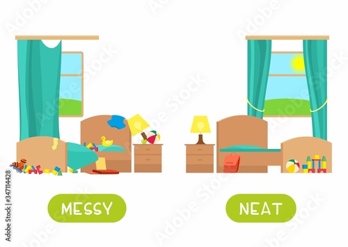 Opposites concept, messy and neat. Childish word card for English learning vector template. Flashcard with antonyms.  Chaos and order bedroom flat illustration with typography