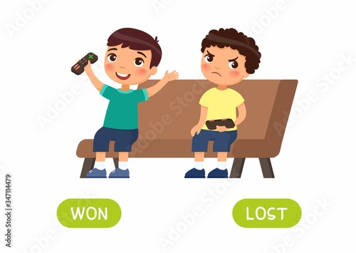 Opposites concept, WON and LOST. Word card for language learning. Boy is happy to win the game console, other boy is angry at losing. Flashcard with antonyms for children vector template. 