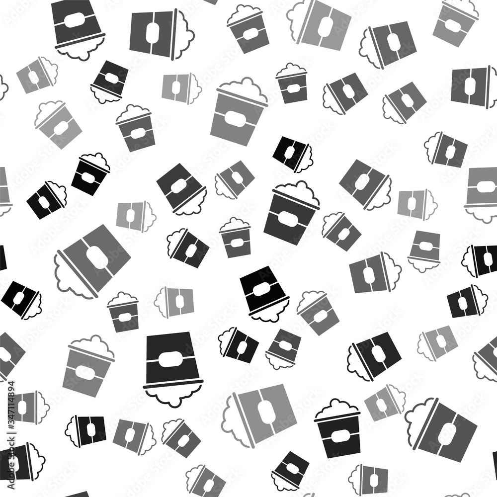 Black Popcorn in cardboard box icon isolated seamless pattern on white background. Popcorn bucket box.  Vector Illustration