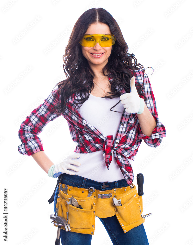 Sexy Brunette Woman Mechanic With Yellow Safety Glasses Stock Photo 