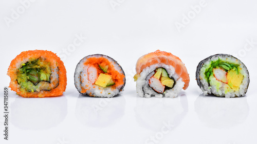 Sushi pattern on white background.Seamless pattern with sushi. Food abstract background. Sushi on the white background.Creative layout made of sushi. Flat lay. Food concept. Macro concept.