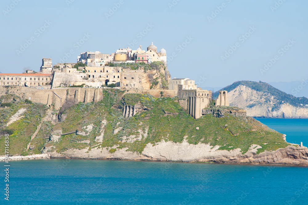 Beautiful view on the rock and Procida island, Naples,  region of Campania, Italy.