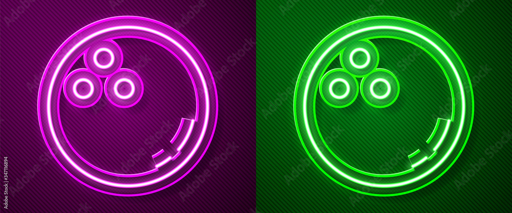 Glowing neon line Bowling ball icon isolated on purple and green background. Sport equipment.  Vector Illustration
