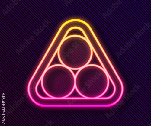 Glowing neon line Billiard balls in a rack triangle icon isolated on black background. Vector Illustration