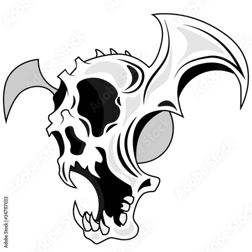 A scary vector skull with an open mouth, spines, and wings. Vector illustration on the theme of horror on a white isolated background. The theme for the tattoo.