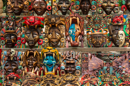 traditional wooden maya masks photo