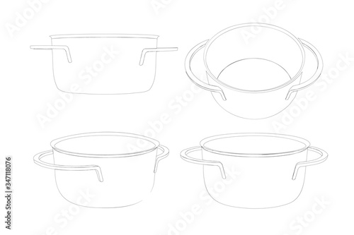 Set stewpan in isometry from different angles. Sketch, black outlines of the pan on a white background. Vector graphic for your illustration in EPS 10 format.