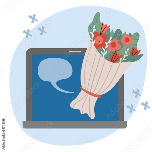 Flower delivery mobile app. bouquet on a laptop screen  service for choosing and ordering plants. flat vector illustration
