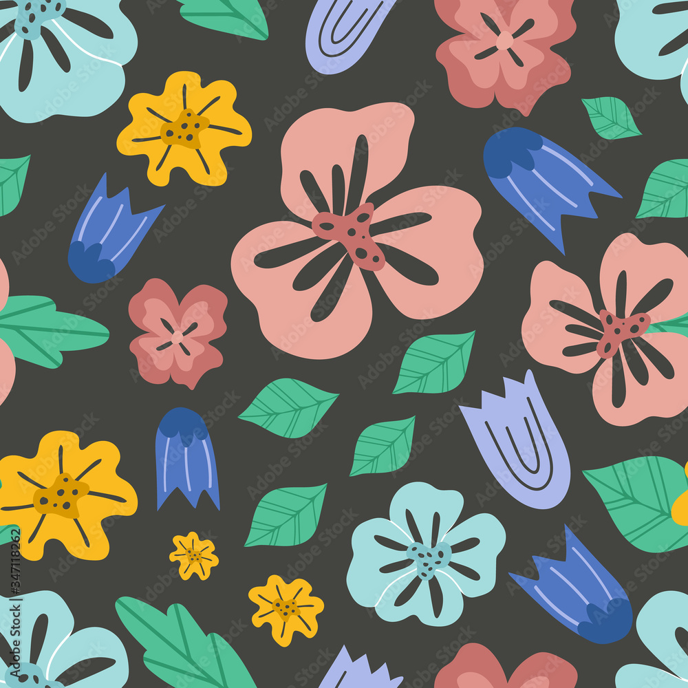 Fototapeta Flower simple minimalistic seamless pattern graphic design for paper, textile print, page fill. Floral background with hand drawn wild flowers, herbs and leaves. Flat vector illustration.