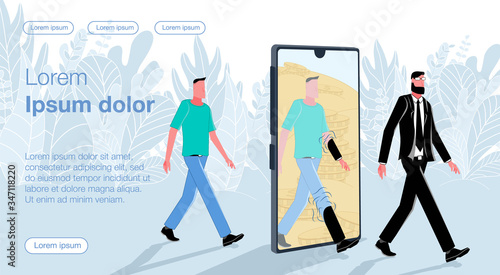 Transformation. A guy in a T-shirt and jeans walks through the phone and leaves a wealthy businessman in a business suit and with a case. Business vector concept illustration.