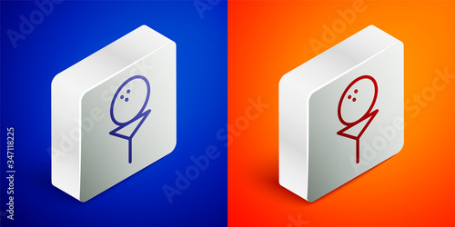 Isometric line Golf ball on tee icon isolated on blue and orange background. Silver square button. Vector Illustration
